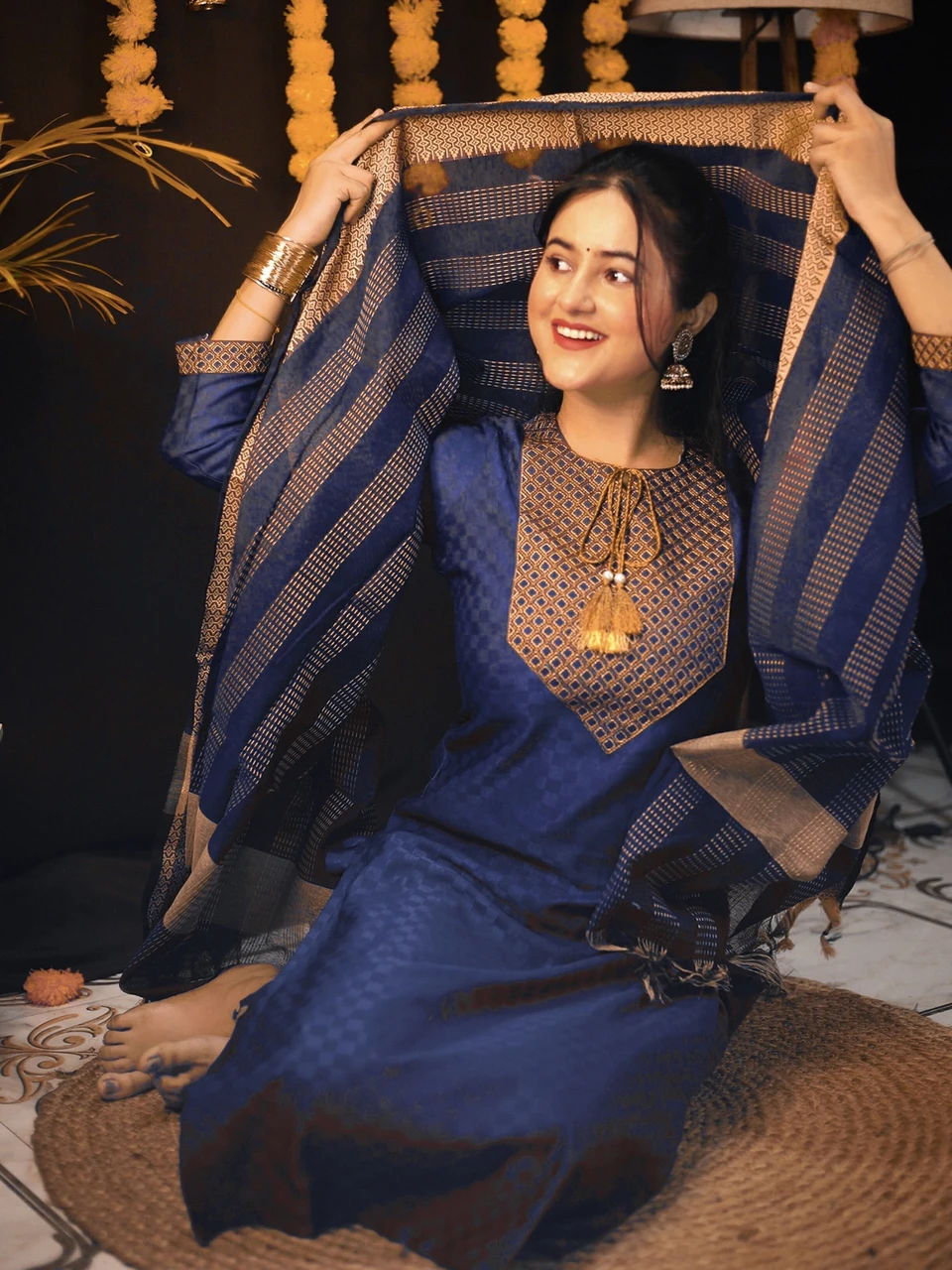 Tibra Attire Women Cotton Blend Kurti Pant Dupatta Set