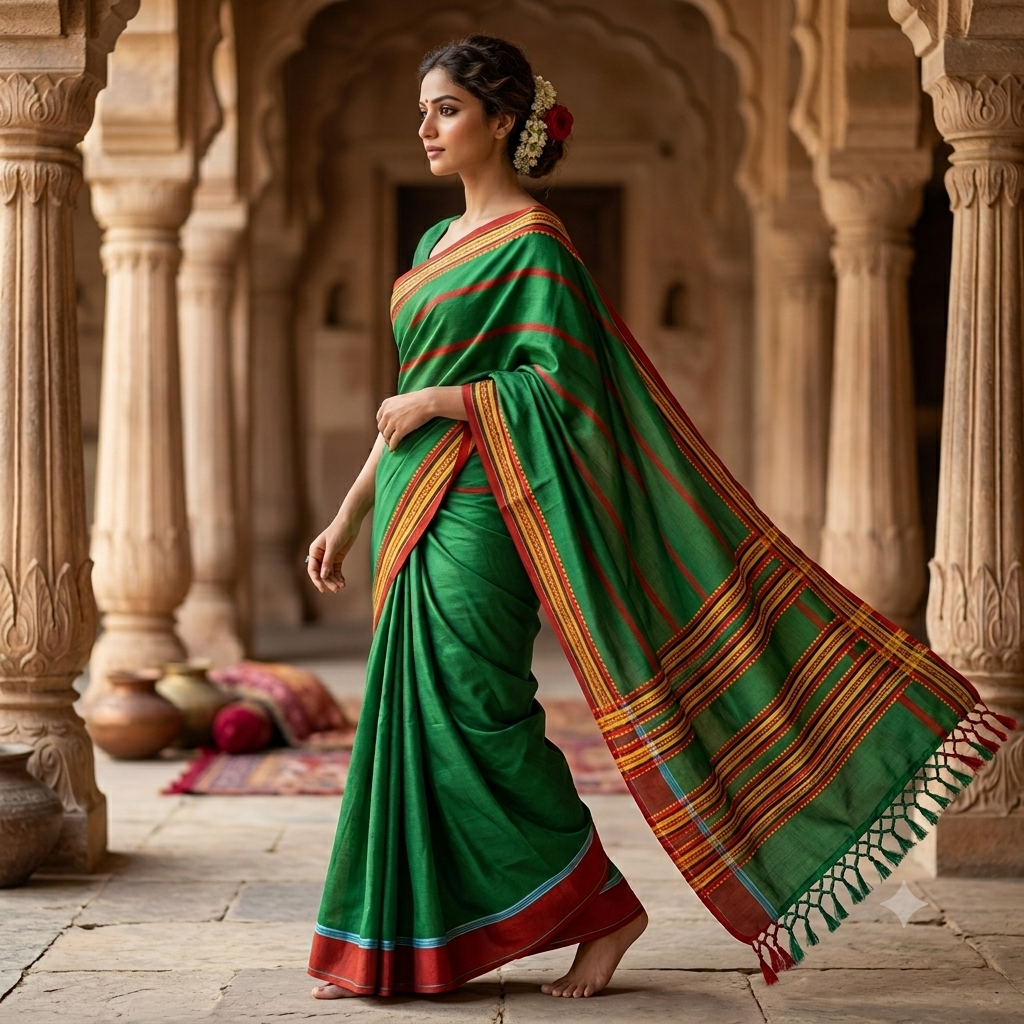 Santali Panchi Mix Saree – Green &amp;amp;amp; Pink