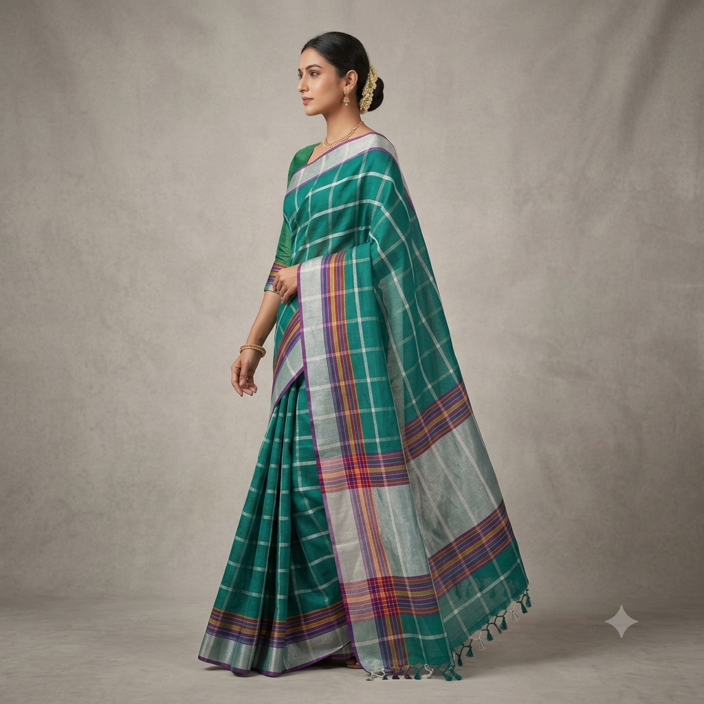 Santali Panchi Mix Saree – Aqua Green &amp; Multicolor Border